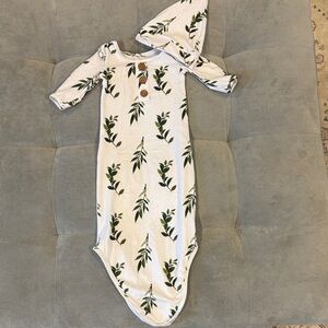 Caden Lane White Gown with Green Leaf Print and Matching Hat